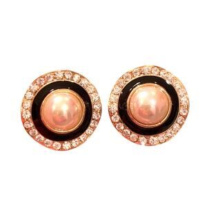 Chunky 1980's clip on earrings goldtone & black enamel rhinestones & faux pearl